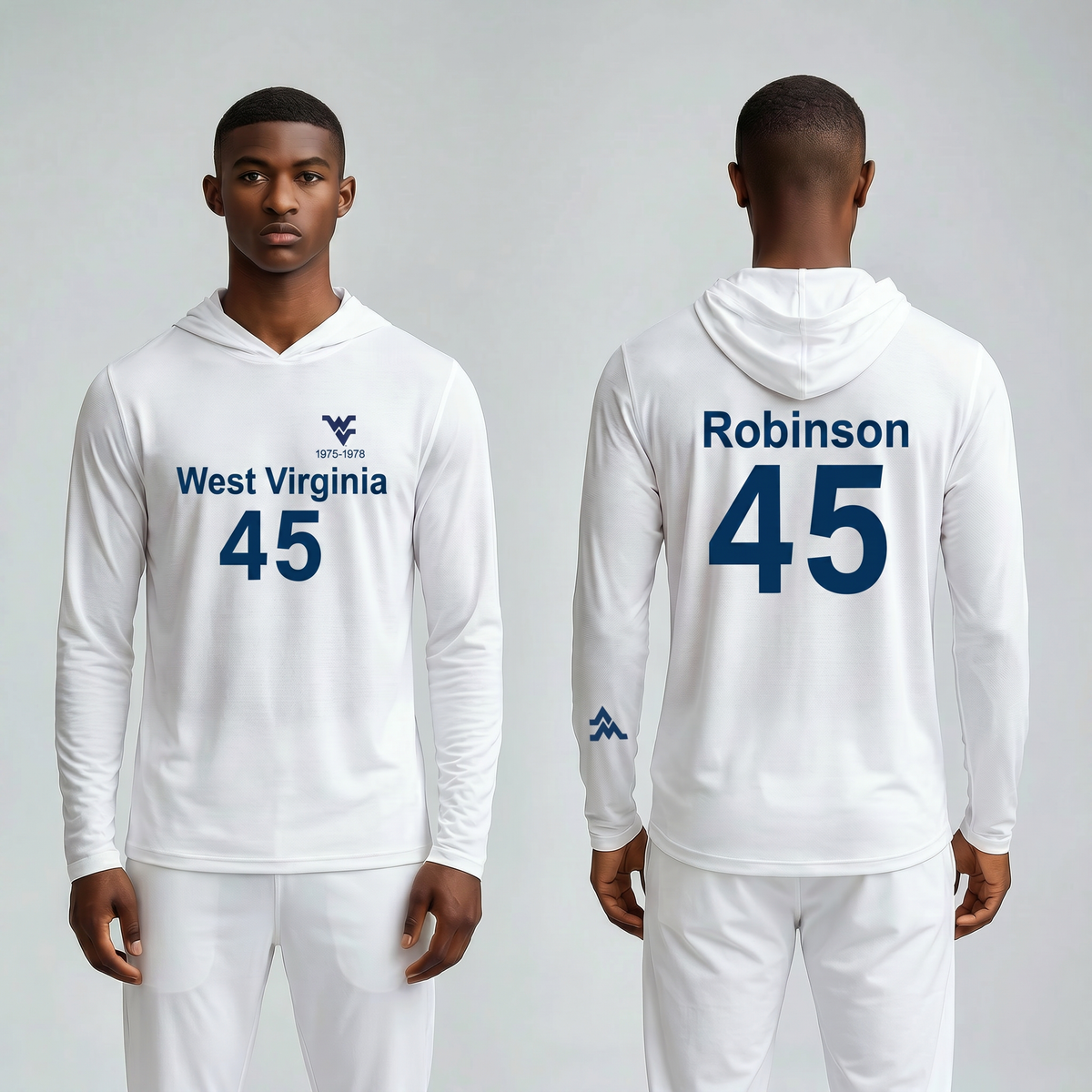 Licensed WVU White Cooling Performance Hooded Long Sleeve Tee (Men’sUnisex) | “Maurice Robinson” | SpringSummer Collection | Sassy Foot Fashion