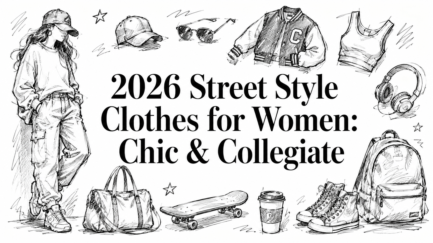 Stylized sketches of women's street style clothing and accessories for 2026, including casual outfits, hats, a backpack, sneakers, and a skateboard, emphasizing a chic and collegiate aesthetic.