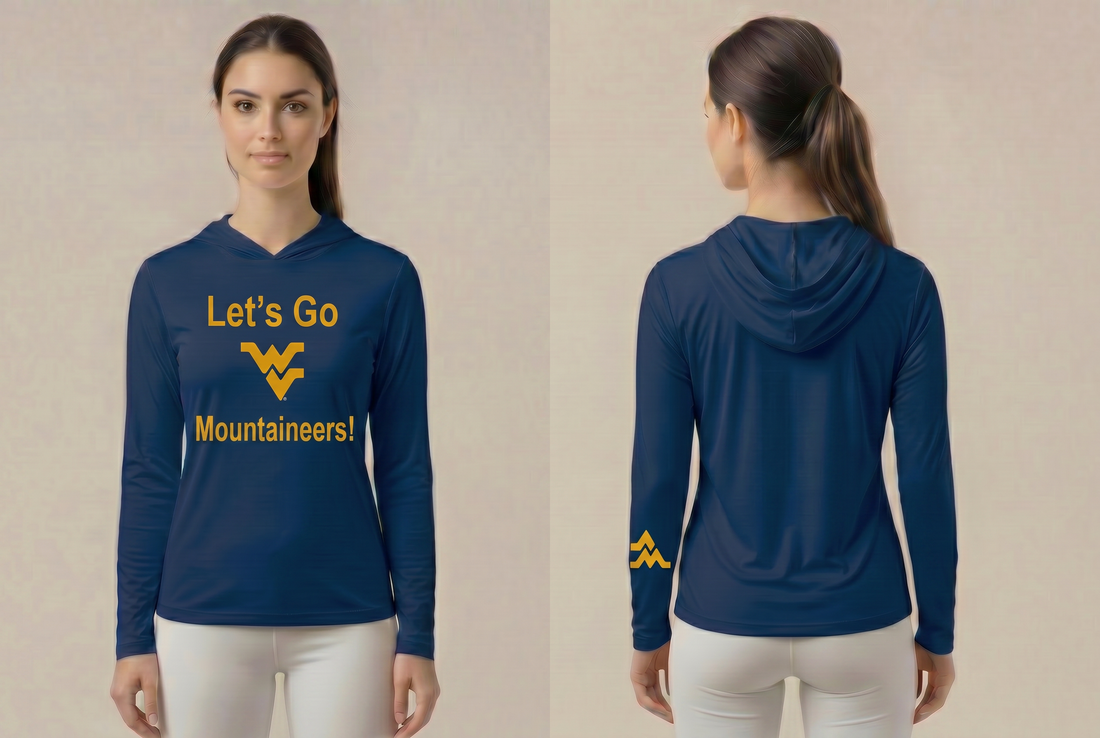 Licensed WVU Blue Cooling Performance Hooded Long Sleeve Tee (Women’sUnisex) | Let’s Go Mountaineers! | SpringSummer Collection | Sassy Foot Fashion