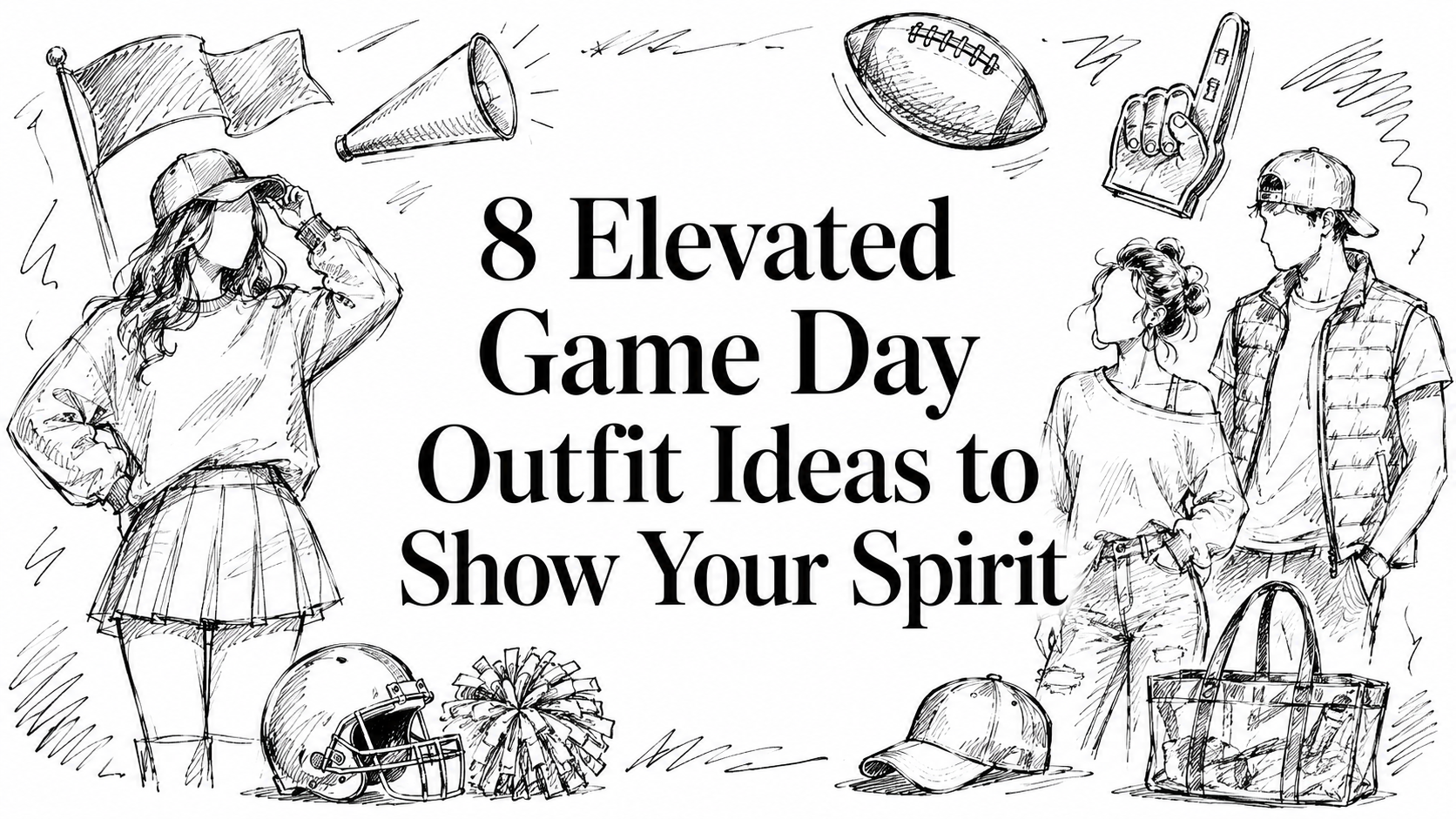 A hand-drawn illustration featuring various game day outfit ideas, including a cheerleader, casual sportswear, and accessories like a megaphone and a football, emphasizing a spirited theme.