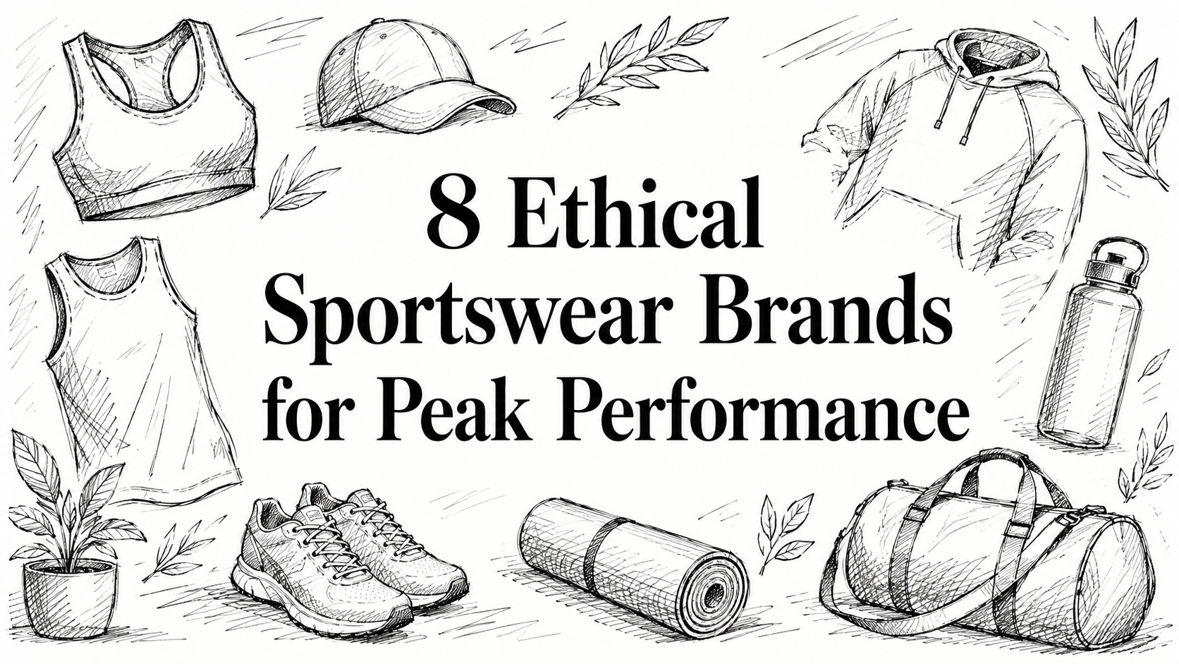 The image features a hand-drawn illustration of various sportswear items, including a sports bra, tank top, hoodie, sneakers, a water bottle, a yoga mat, and a gym bag, arranged around the text "8 Ethical Sportswear Brands for Peak Performance.