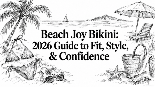 A hand-drawn illustration featuring a bikini, a beach bag, a flower, a starfish, a palm tree, a beach chair, and an umbrella, set against a coastal background with a sailboat and distant hills, highlighting a beach theme.