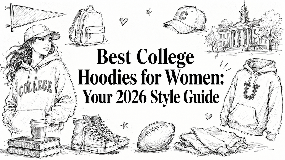 A stylish illustration featuring a woman in a college hoodie, a backpack, a coffee cup, sneakers, a football, and various clothing items, set against a backdrop of a college building and a pennant, highlighting college fashion trends for women in 202