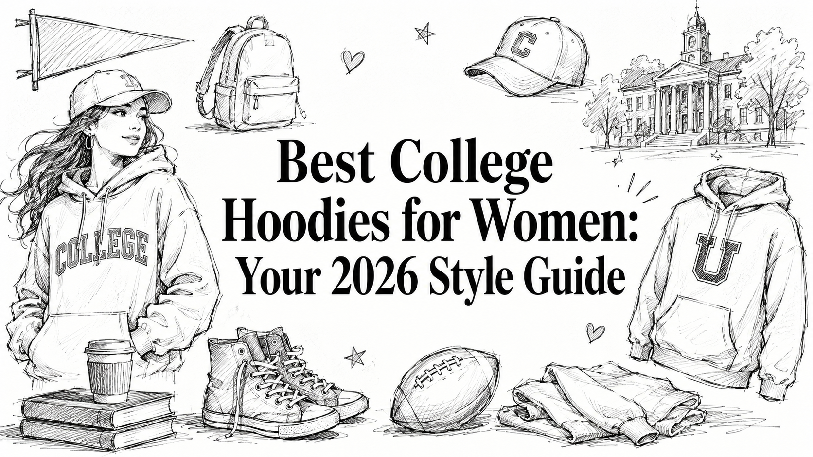 A stylish illustration featuring a woman in a college hoodie, a backpack, a coffee cup, sneakers, a football, and various clothing items, set against a backdrop of a college building and a pennant, highlighting college fashion trends for women in 202