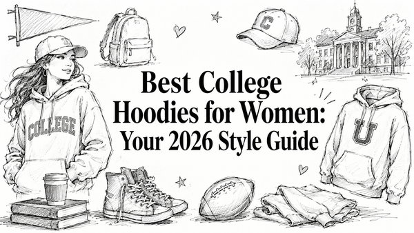 A stylish illustration featuring a woman in a college hoodie, a backpack, a coffee cup, sneakers, a football, and various clothing items, set against a backdrop of a college building and a pennant, highlighting college fashion trends for women in 202