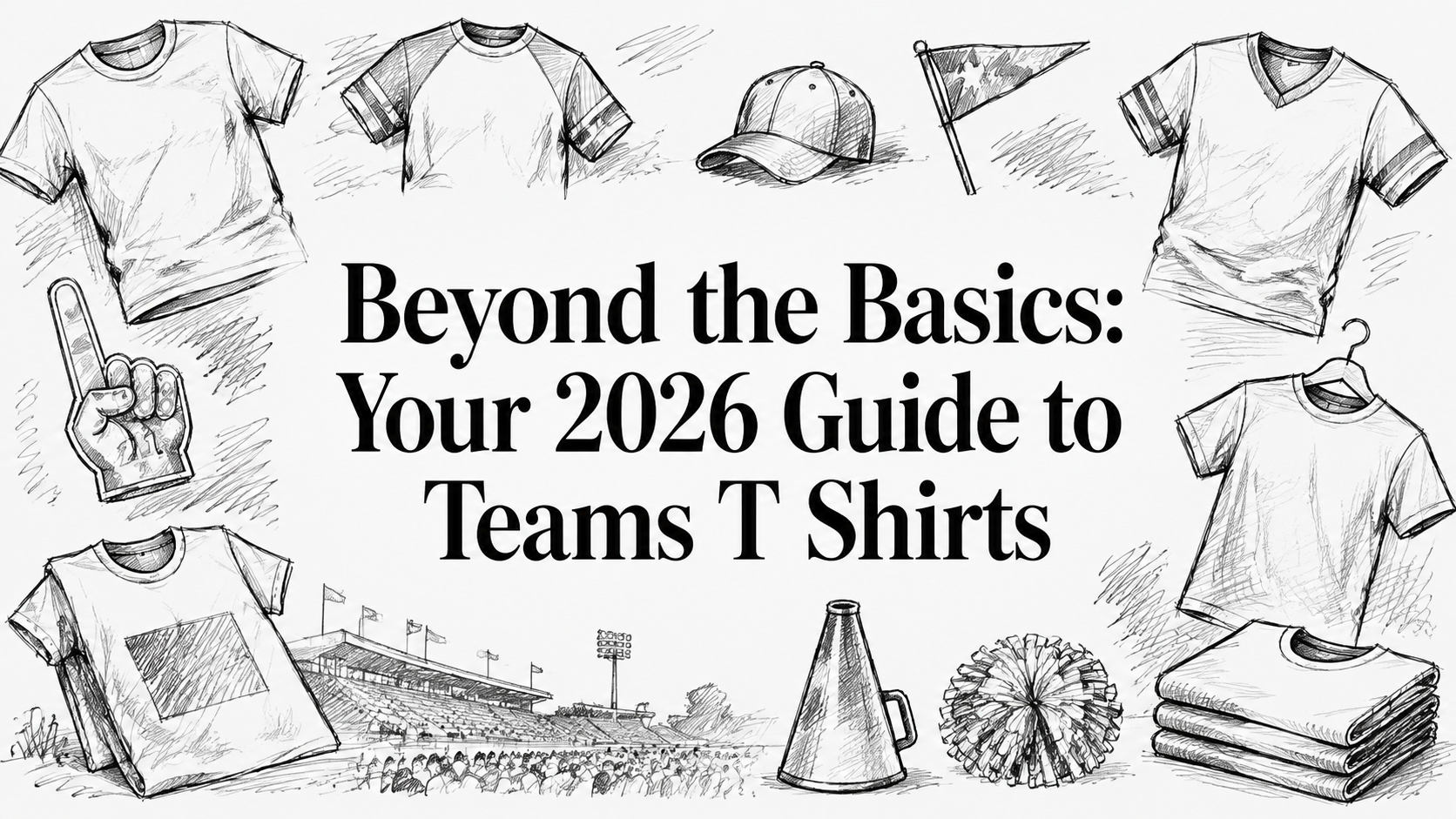A sketched design featuring various T-shirt styles, a foam finger, a megaphone, a flag, and a stadium, all surrounding the text "Beyond the Basics: Your 2026 Guide to Teams T Shirts.