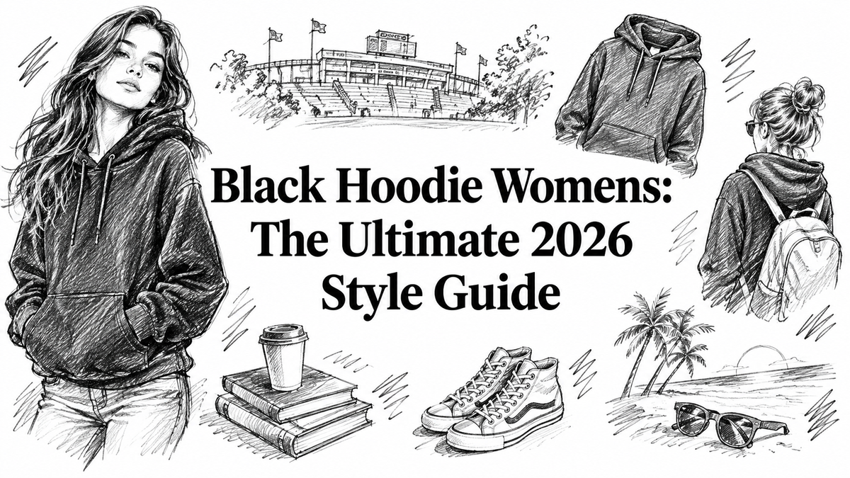 A stylish woman wearing a black hoodie is featured alongside illustrations of a coffee cup, books, sneakers, sunglasses, and a beach scene, emphasizing the versatility of black hoodies for women's fashion in 2026.