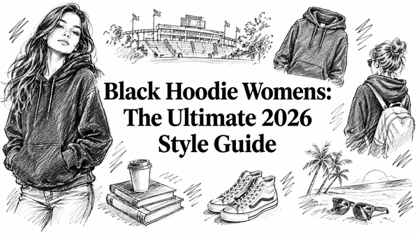 A stylish woman wearing a black hoodie is featured alongside illustrations of a coffee cup, books, sneakers, sunglasses, and a beach scene, emphasizing the versatility of black hoodies for women's fashion in 2026.