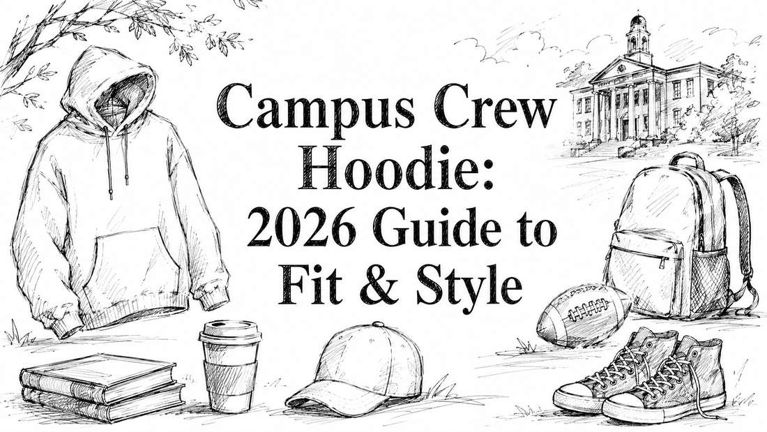 A hand-drawn illustration featuring a hoodie, a backpack, a football, books, a coffee cup, and sneakers, with the text "Campus Crew Hoodie: 2026 Guide to Fit & Style" prominently displayed.
