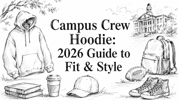 A hand-drawn illustration featuring a hoodie, a backpack, a football, books, a coffee cup, and sneakers, with the text "Campus Crew Hoodie: 2026 Guide to Fit & Style" prominently displayed.
