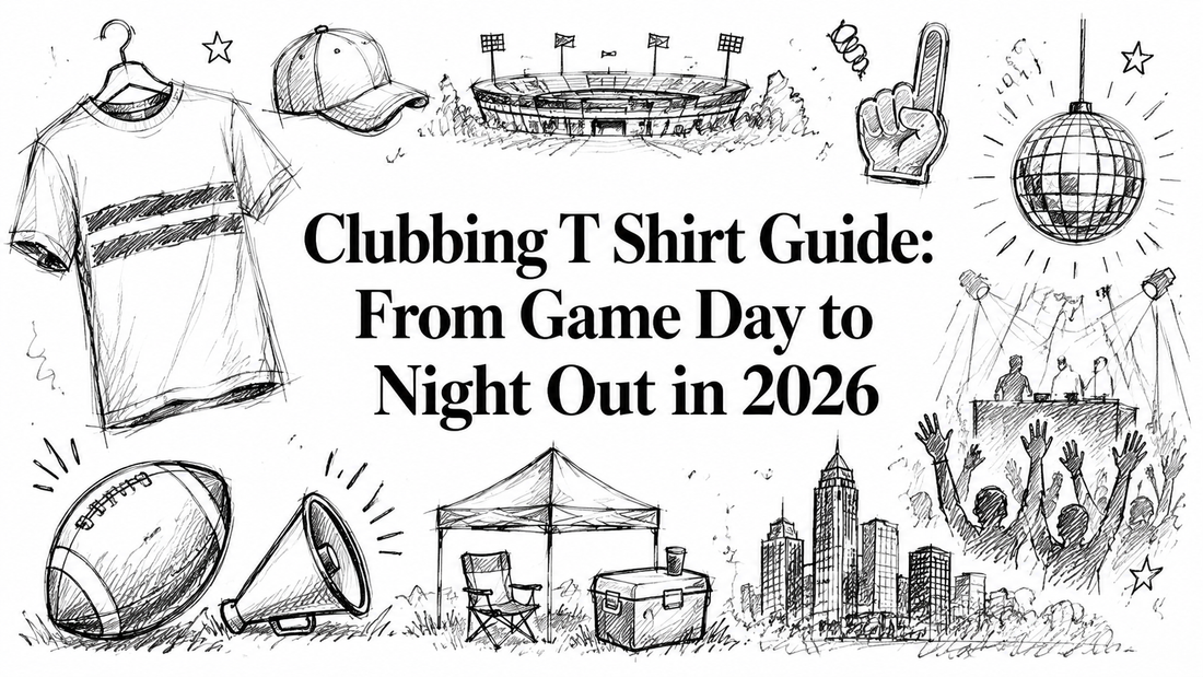 A hand-drawn collage featuring a T-shirt, cap, football, megaphone, disco ball, cheering crowd, tent, and city skyline, illustrating themes of game day and nightlife for a clubbing T-shirt guide in 2026.