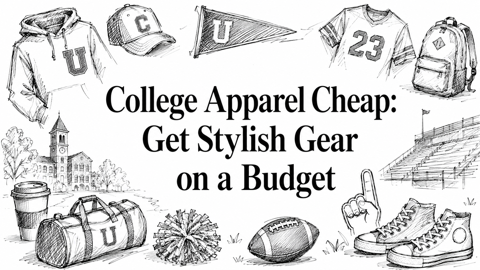 A hand-drawn illustration featuring college apparel items like hoodies, caps, and sneakers, along with sports equipment like a football and pom-pom, set against a backdrop of a college campus and stadium, emphasizing budget-friendly stylish gear.
