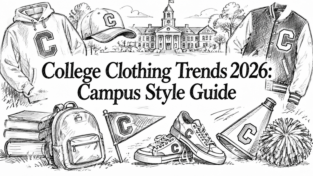 A hand-drawn illustration featuring college apparel and accessories, including hoodies, a varsity jacket, sneakers, a backpack, books, a cheerleading megaphone, and a pom-pom, set against a campus backdrop with a building and trees.