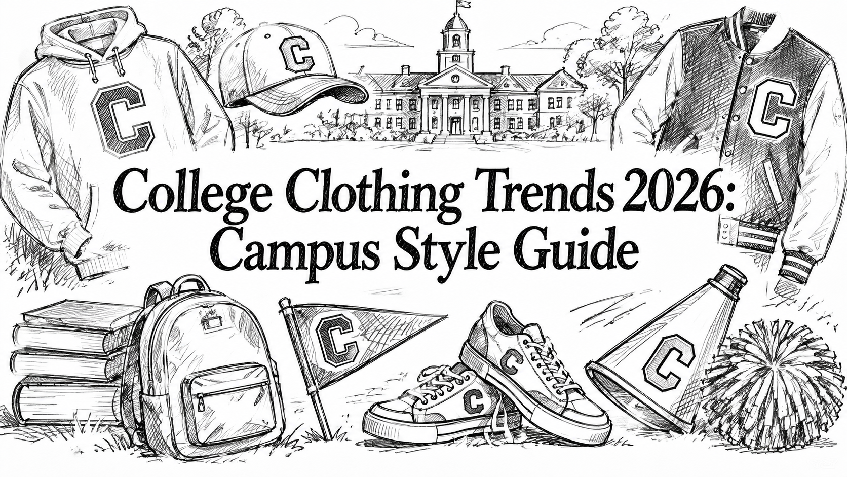 A hand-drawn illustration featuring college apparel and accessories, including hoodies, a varsity jacket, sneakers, a backpack, books, a cheerleading megaphone, and a pom-pom, set against a campus backdrop with a building and trees.