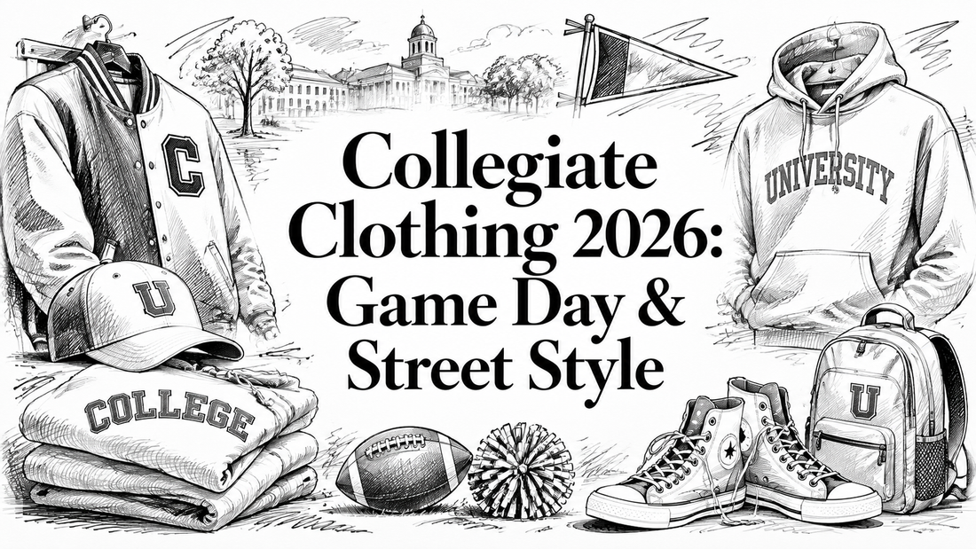 The illustration features various collegiate clothing items, including a varsity jacket, hoodie, cap, and sneakers, alongside a pom-pom and a flag, all set against a backdrop of a college campus.