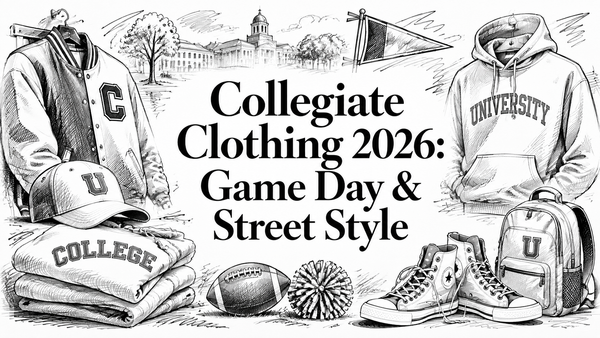 The illustration features various collegiate clothing items, including a varsity jacket, hoodie, cap, and sneakers, alongside a pom-pom and a flag, all set against a backdrop of a college campus.
