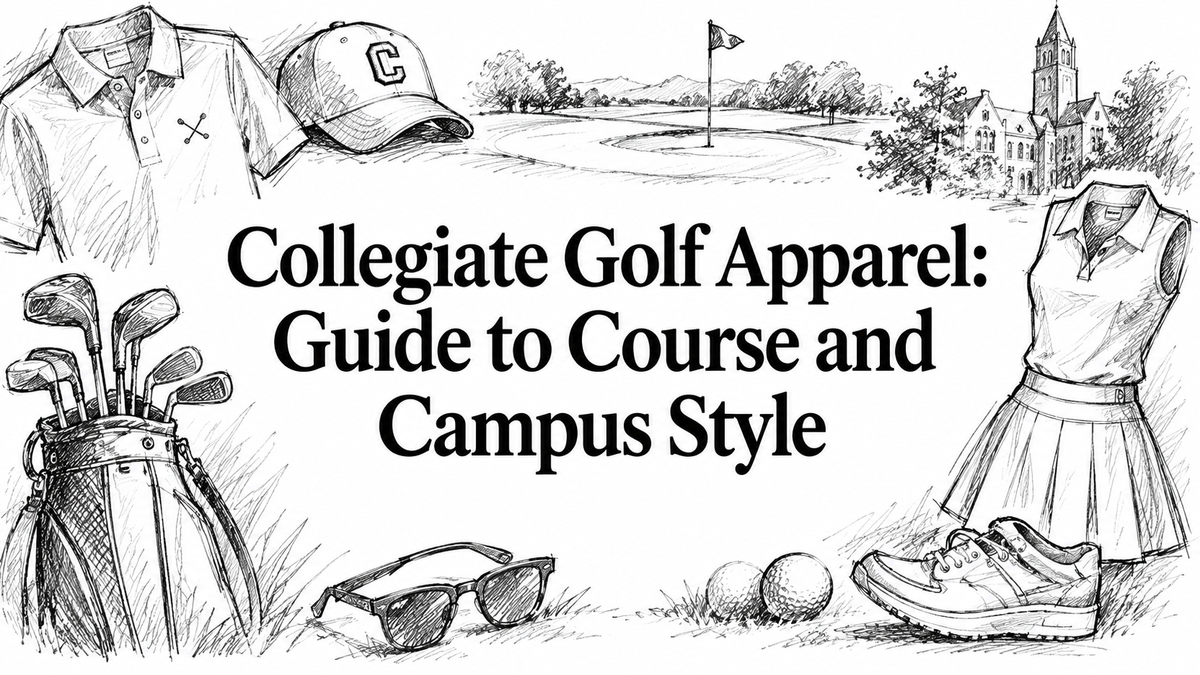 The image features a hand-drawn illustration of collegiate golf apparel, including a polo shirt, cap, golf clubs, a golf ball, and sneakers, set against a backdrop of a golf course and a campus building.