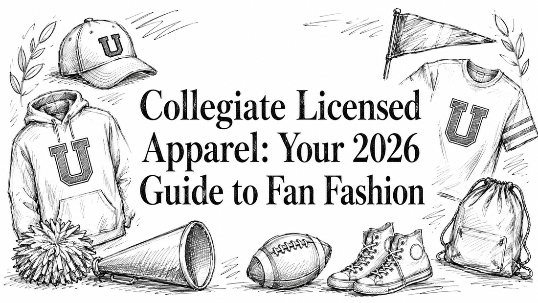 The image features a hand-drawn illustration of various collegiate licensed apparel items, including a hoodie, t-shirt, cap, cheer megaphone, pom-pom, sneakers, and a drawstring bag, all arranged around the title text.