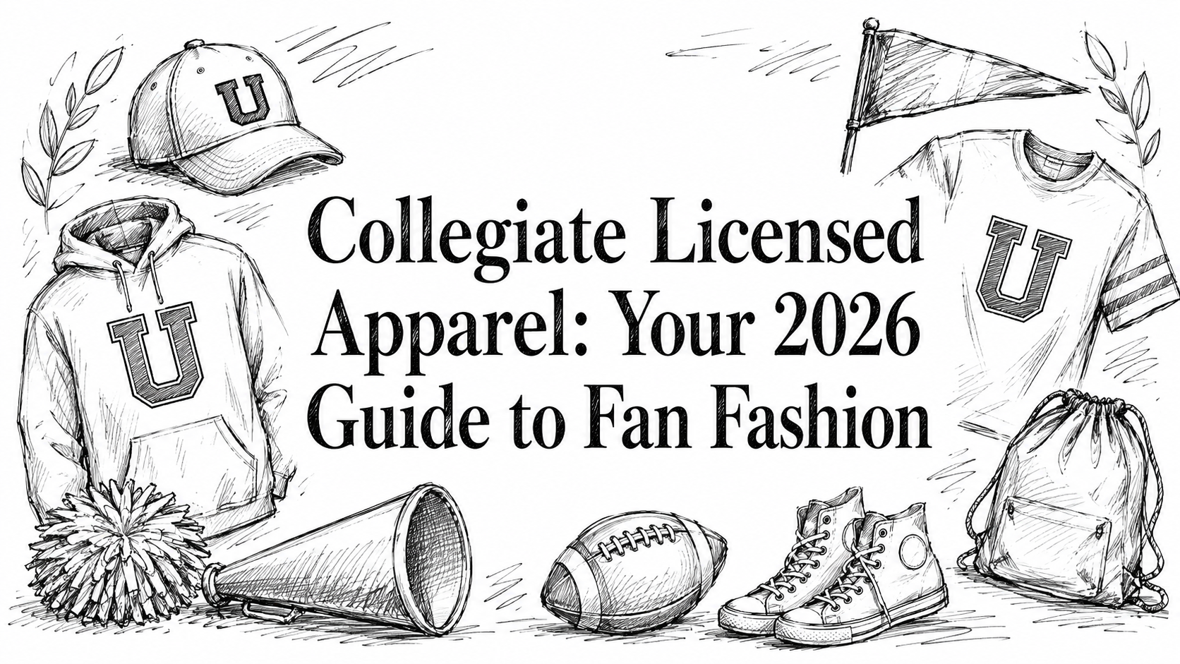 The image features a hand-drawn illustration of various collegiate licensed apparel items, including a hoodie, t-shirt, cap, cheer megaphone, pom-pom, sneakers, and a drawstring bag, all arranged around the title text.