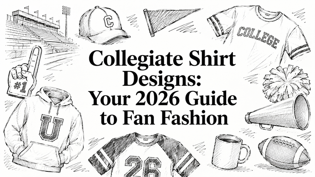 A collage of hand-drawn collegiate-themed items, including a hoodie, cap, t-shirt, foam finger, megaphone, pom-poms, coffee mug, and a football, all surrounding the title about fan fashion for 2026.
