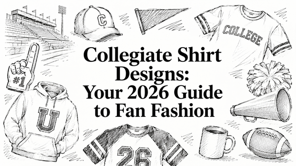A collage of hand-drawn collegiate-themed items, including a hoodie, cap, t-shirt, foam finger, megaphone, pom-poms, coffee mug, and a football, all surrounding the title about fan fashion for 2026.