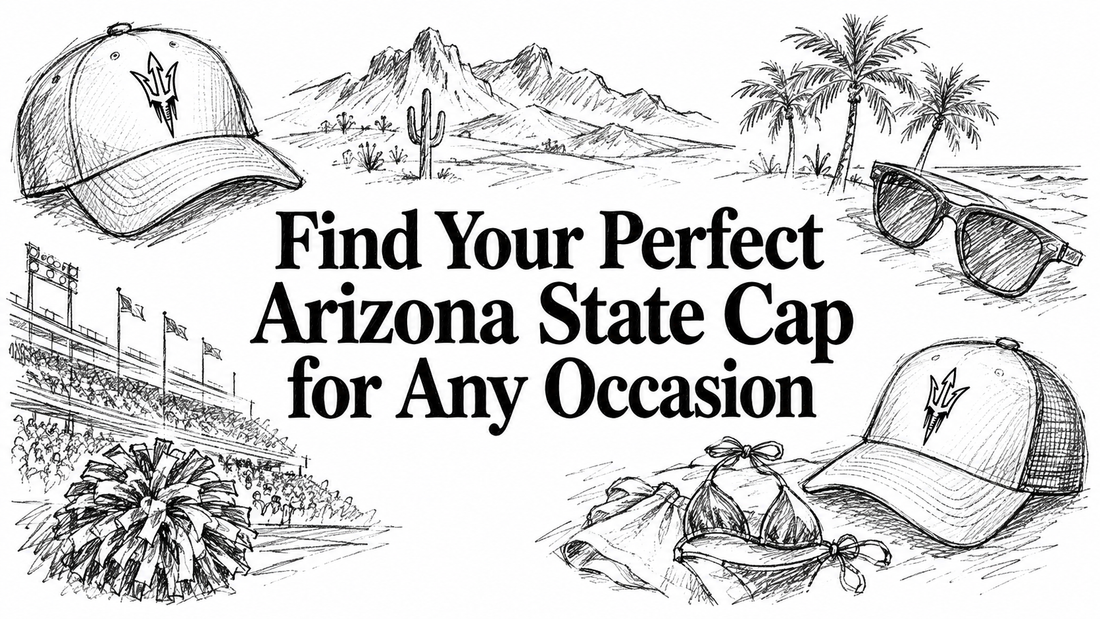 The illustration features Arizona State caps, sunglasses, a bikini, and a cheerleading pom-pom, set against a backdrop of mountains and palm trees, emphasizing a fun, sunny outdoor vibe.