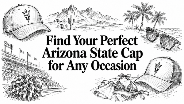 The illustration features Arizona State caps, sunglasses, a bikini, and a cheerleading pom-pom, set against a backdrop of mountains and palm trees, emphasizing a fun, sunny outdoor vibe.