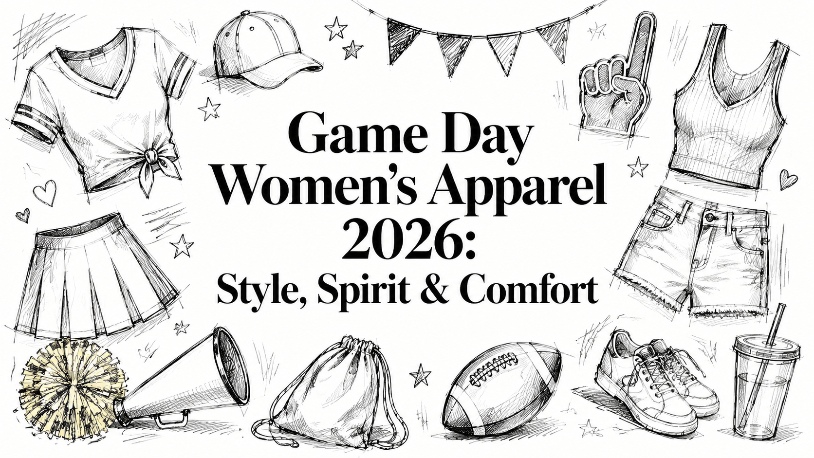 The illustration features various game day women's apparel items, including a cropped shirt, a pleated skirt, shorts, a cap, sneakers, a football, a megaphone, a pom-pom, and a drink, all arranged around the text "Game Day Women's Apparel 2026: Style