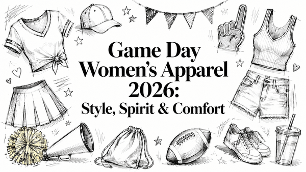 The illustration features various game day women's apparel items, including a cropped shirt, a pleated skirt, shorts, a cap, sneakers, a football, a megaphone, a pom-pom, and a drink, all arranged around the text "Game Day Women's Apparel 2026: Style