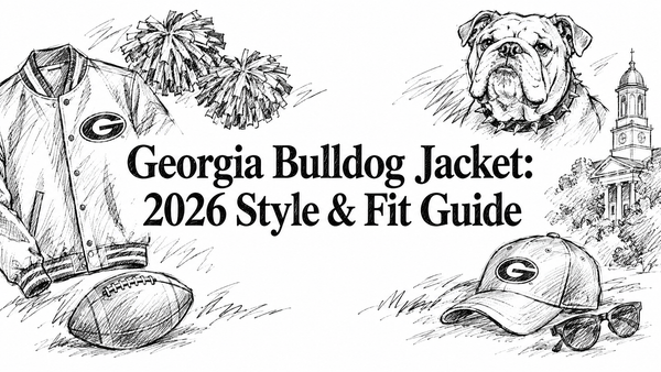 A sketched illustration featuring a Georgia Bulldog jacket, football, pom-poms, a cap, and a bulldog, accompanied by the text "Georgia Bulldog Jacket: 2026 Style & Fit Guide.