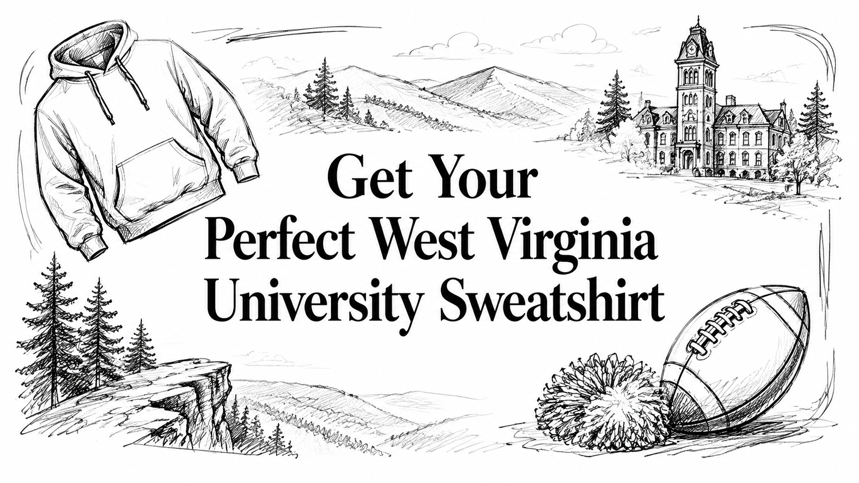 A cozy sweatshirt, a football, and a cheerleading pom-pom are illustrated alongside the iconic West Virginia University building and scenic mountains, emphasizing the theme of finding the ideal WVU sweatshirt.