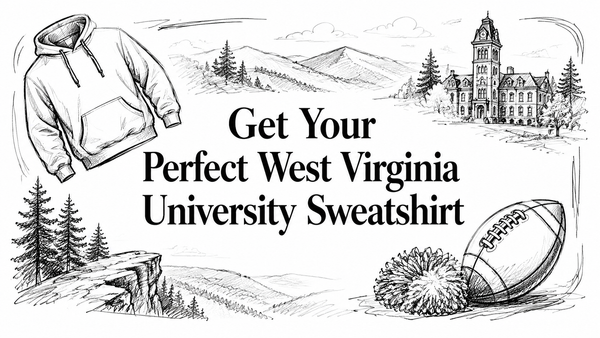 A cozy sweatshirt, a football, and a cheerleading pom-pom are illustrated alongside the iconic West Virginia University building and scenic mountains, emphasizing the theme of finding the ideal WVU sweatshirt.