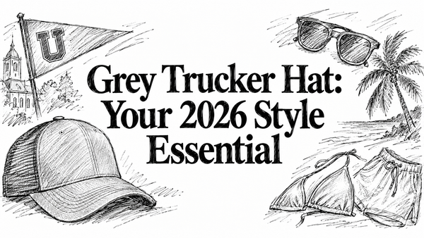 A grey trucker hat is featured alongside sunglasses, a bikini, and a palm tree, with a university flag in the background, all illustrated in a sketch style to highlight summer fashion trends for 2026.
