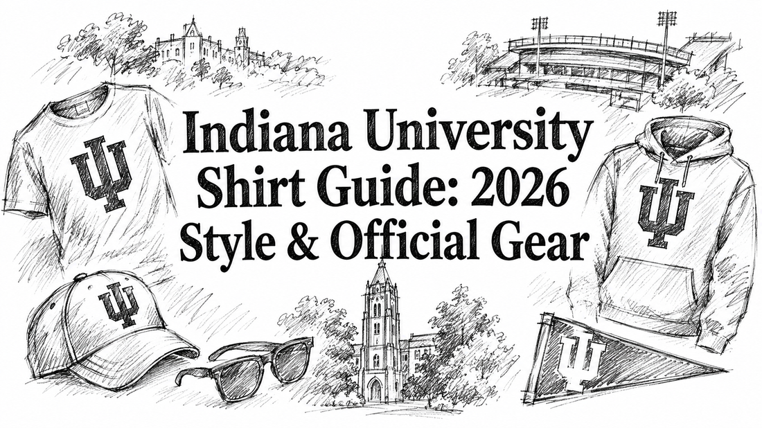 The image features a sketched layout of Indiana University-themed apparel, including a t-shirt, hoodie, cap, and sunglasses, alongside iconic campus landmarks and the university logo, highlighting the 2026 style and official gear.