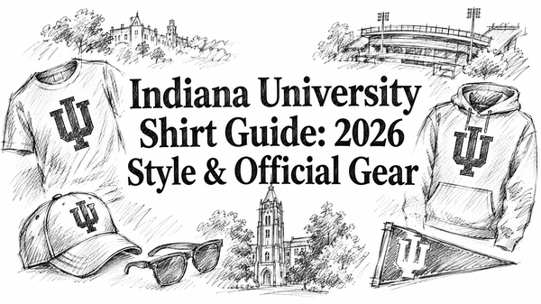 The image features a sketched layout of Indiana University-themed apparel, including a t-shirt, hoodie, cap, and sunglasses, alongside iconic campus landmarks and the university logo, highlighting the 2026 style and official gear.