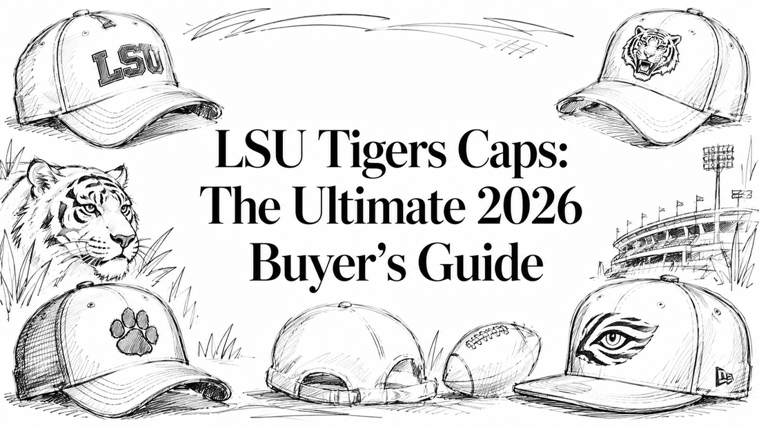 A collection of illustrated LSU Tigers caps featuring various designs, including a tiger logo and team colors, alongside a sketch of a tiger and a football stadium, all set against a hand-drawn background with the title of the buyer's guide prominent