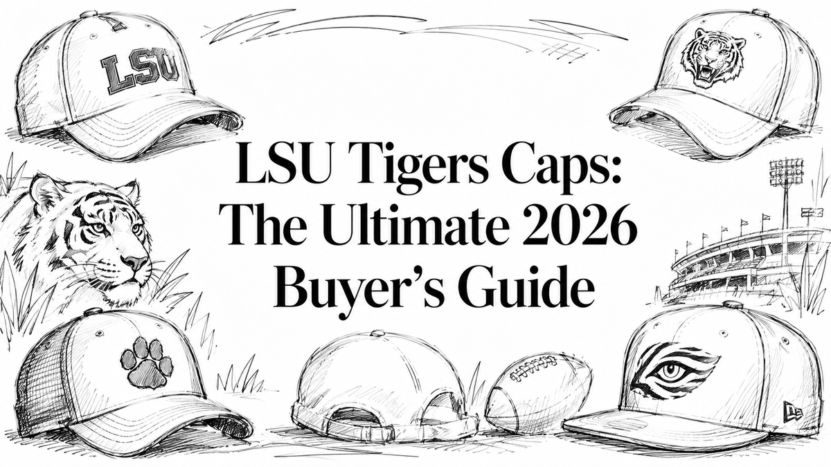 A collection of illustrated LSU Tigers caps featuring various designs, including a tiger logo and team colors, alongside a sketch of a tiger and a football stadium, all set against a hand-drawn background with the title of the buyer's guide prominent