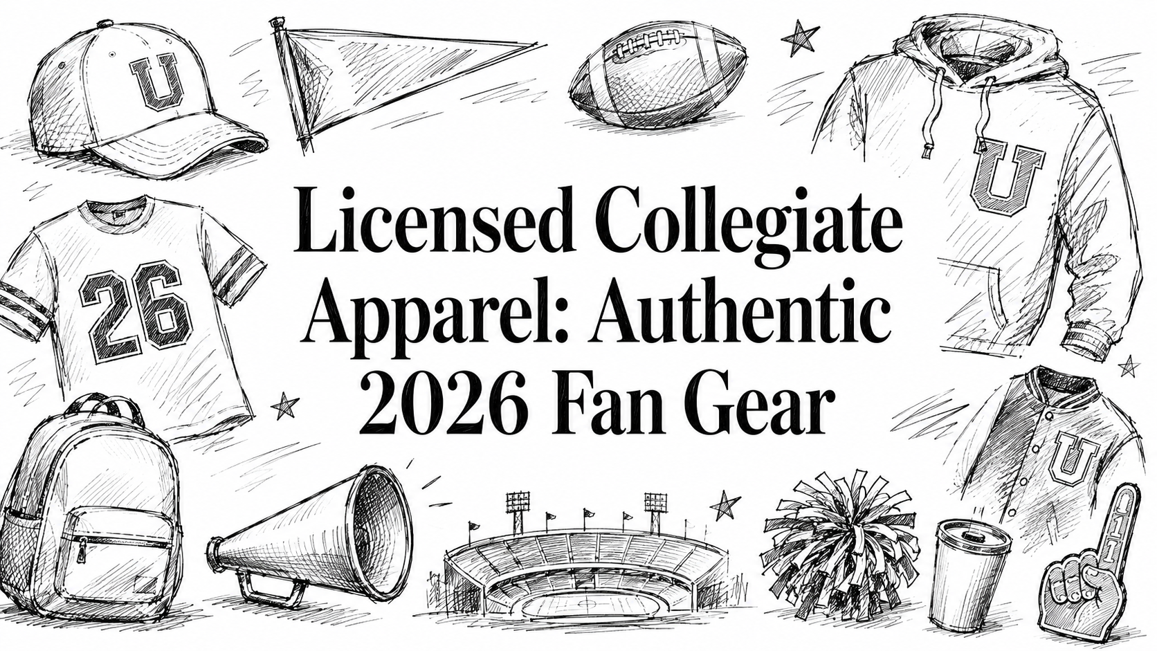 The image features a variety of collegiate apparel and fan gear, including a cap, jersey, football, hoodie, backpack, megaphone, stadium, pom-pom, and a drink cup, all arranged around the text "Licensed Collegiate Apparel: Authentic 2026 Fan Gear.