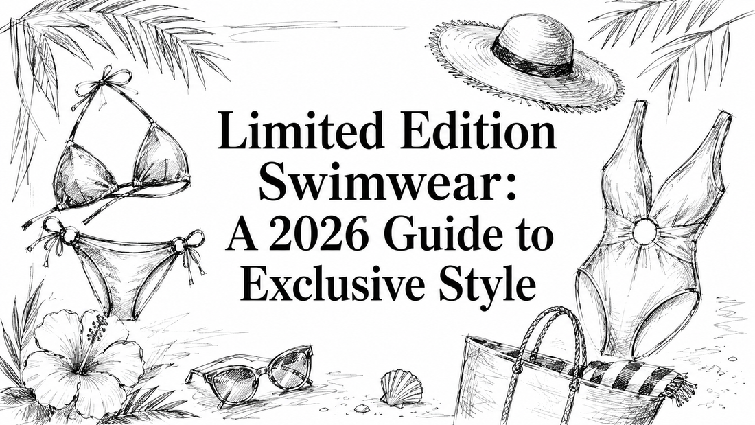 A stylish illustration featuring two limited edition swimwear designs, a sun hat, a beach bag, and a hibiscus flower, all set against a white background, highlighting exclusive summer fashion trends for 2026.