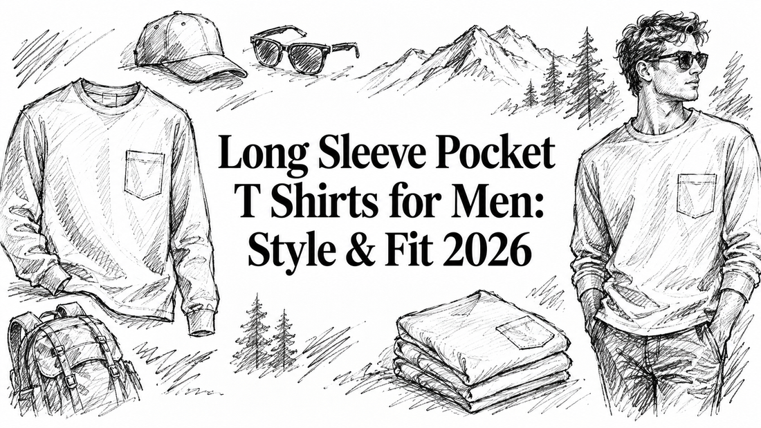 A sketch-style illustration featuring long sleeve pocket t-shirts for men, accompanied by accessories like sunglasses and a cap, along with a backpack and folded shirts, highlighting style and fit for 2026.