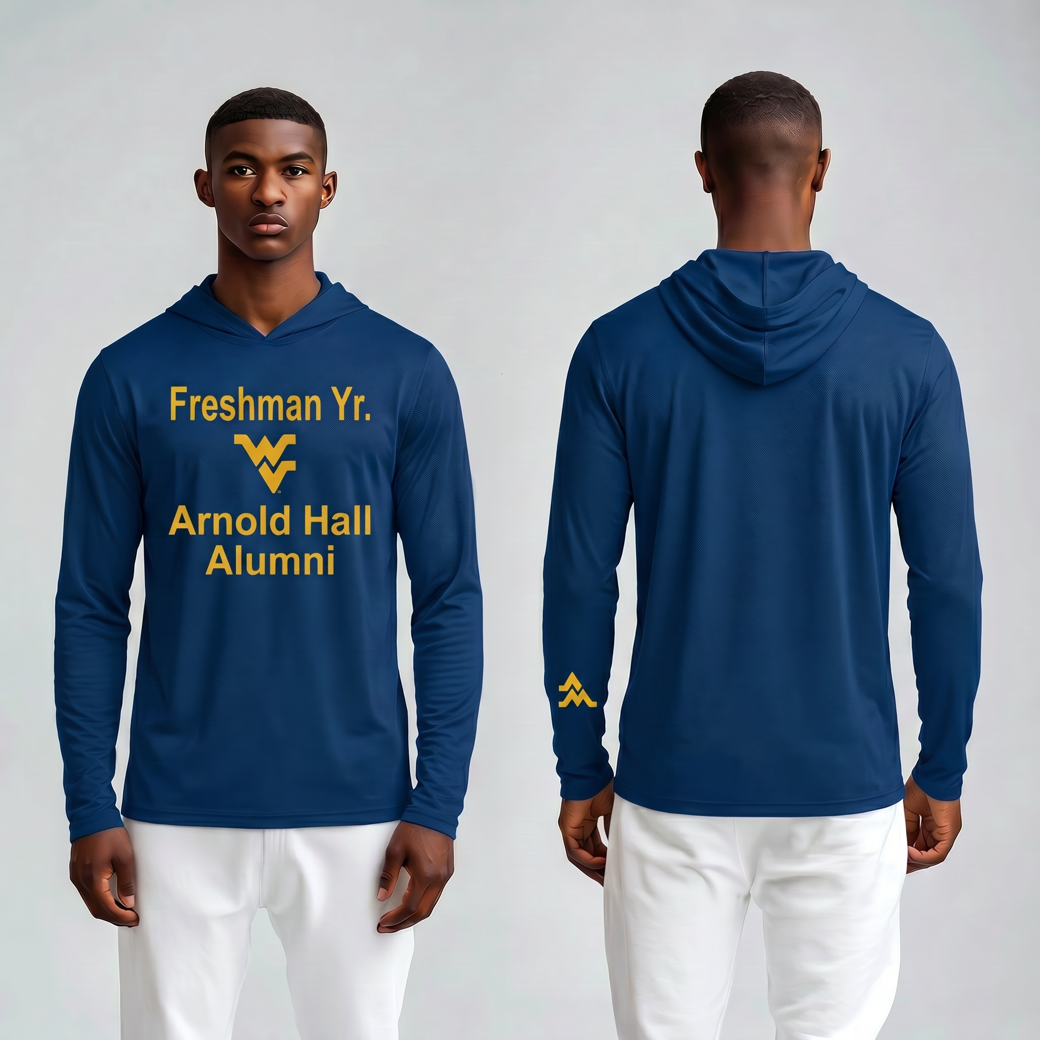 Licensed WVU Blue Cooling Performance Hooded Long Sleeve Tee (Men’sUnisex) | “Freshman Yr. Arnold Hall Alumni” | SpringSummer Collection | Sassy Foot Fashion