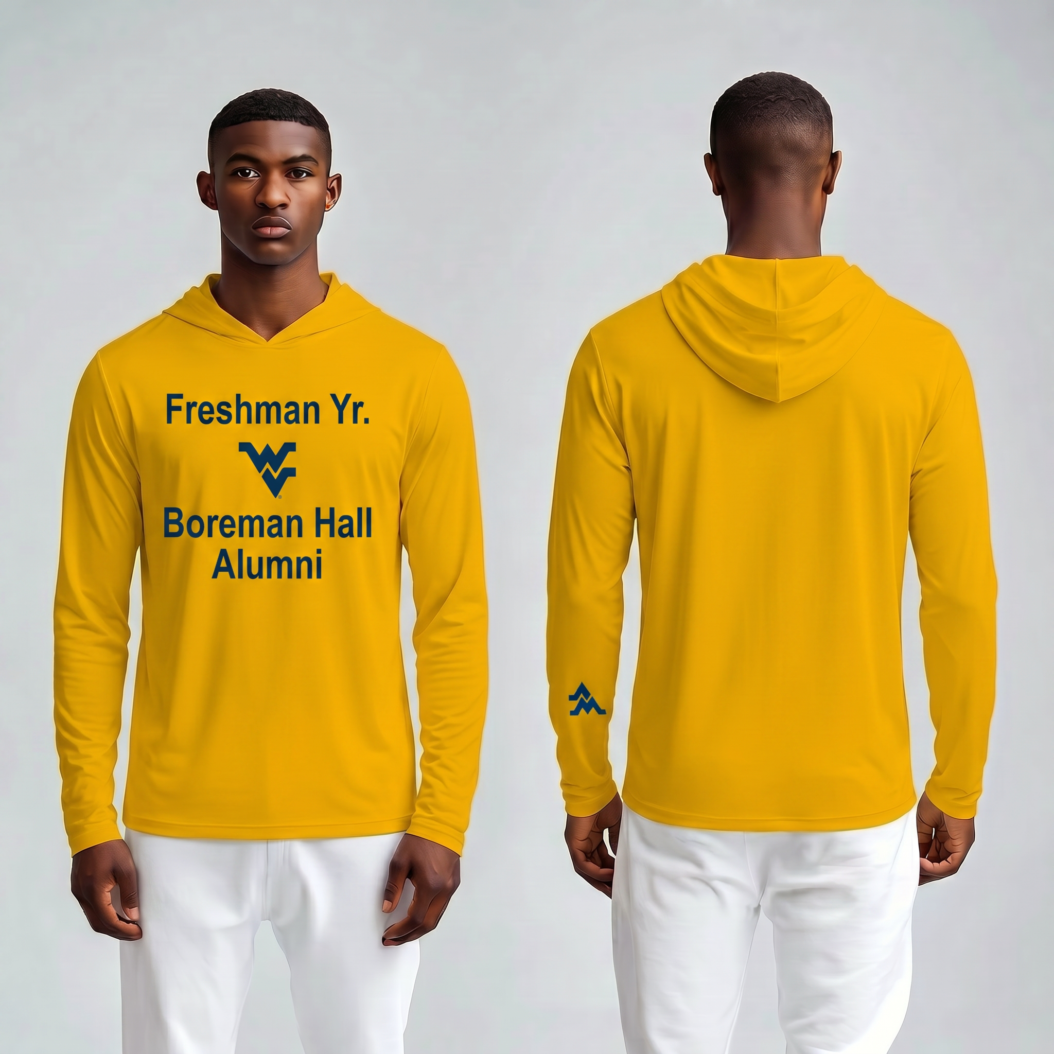 Licensed WVU Gold Cooling Performance Hooded Long Sleeve Tee (Men’sUnisex) | “Freshman Yr. Boreman Hall Alumni” | SpringSummer Collection | Sassy Foot Fashion