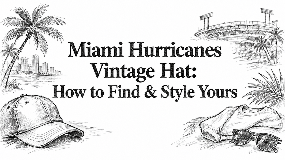 A vintage Miami Hurricanes hat is featured alongside a tropical scene with palm trees, a stadium in the background, and casual clothing items like a shirt and sunglasses, emphasizing a stylish, laid-back vibe.