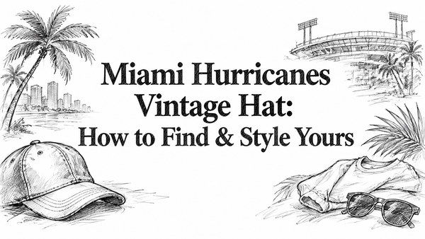 A vintage Miami Hurricanes hat is featured alongside a tropical scene with palm trees, a stadium in the background, and casual clothing items like a shirt and sunglasses, emphasizing a stylish, laid-back vibe.