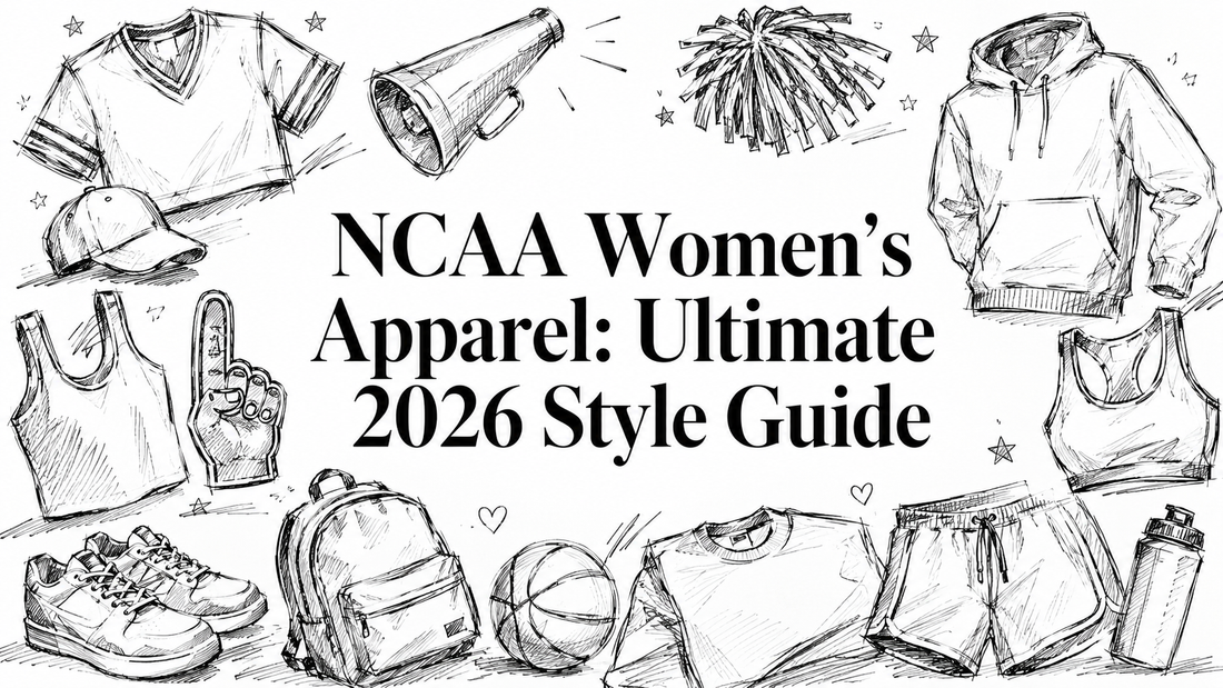 A collection of NCAA women's apparel items including sports bras, t-shirts, shorts, sneakers, a backpack, a megaphone, pom-poms, and a water bottle, all illustrated in a sketch style, surrounding the title "NCAA Women's Apparel: Ultimate 2026 Style G