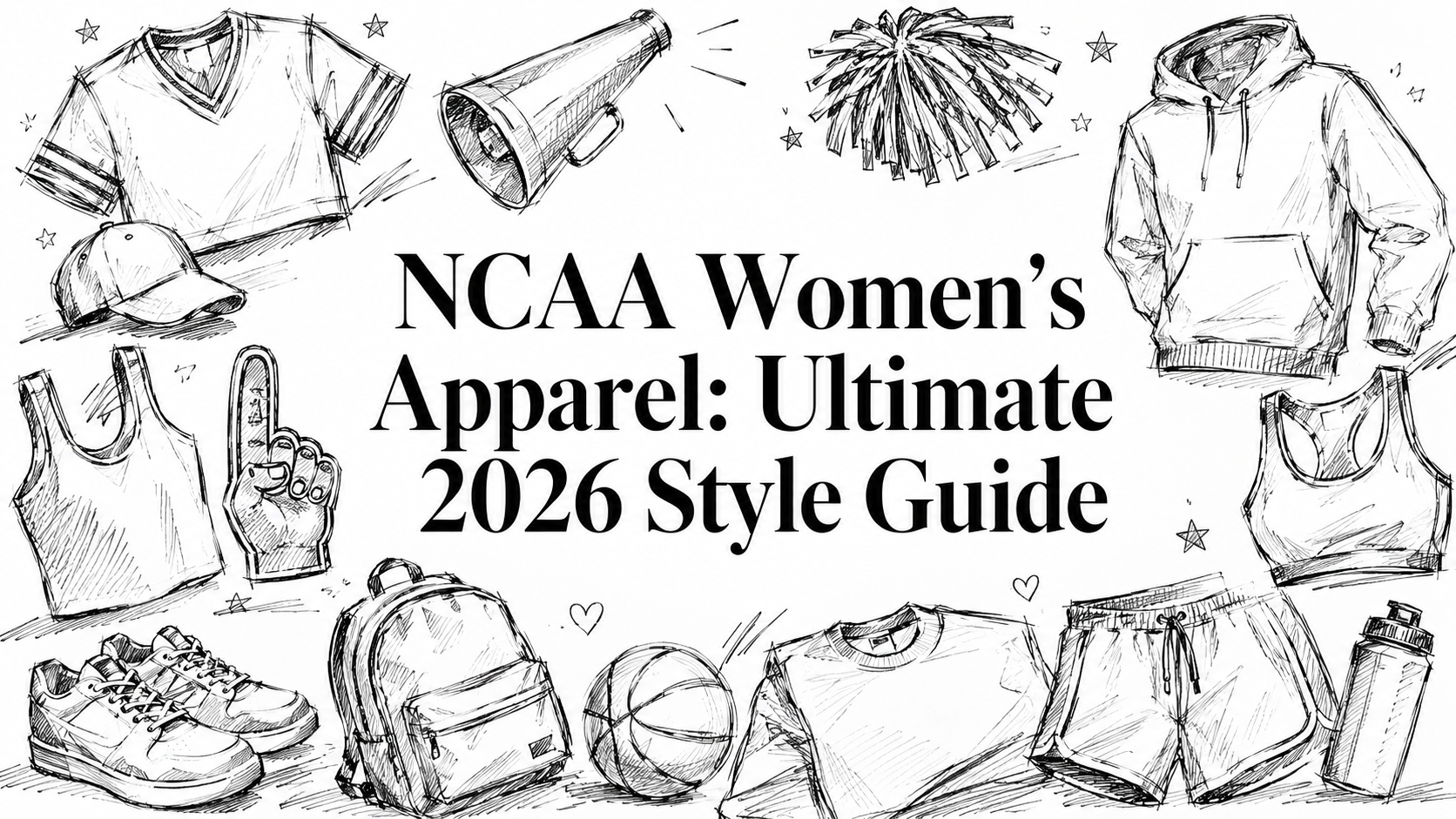 A collection of NCAA women's apparel items including sports bras, t-shirts, shorts, sneakers, a backpack, a megaphone, pom-poms, and a water bottle, all illustrated in a sketch style, surrounding the title "NCAA Women's Apparel: Ultimate 2026 Style G