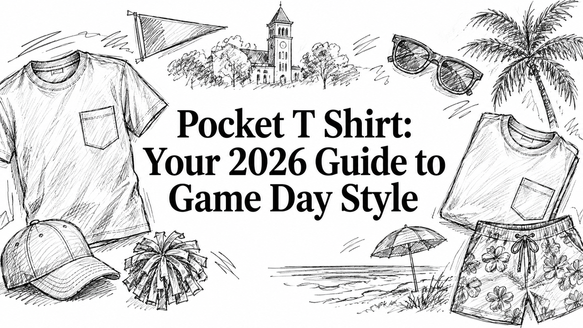 A hand-drawn illustration featuring a pocket t-shirt, sunglasses, a palm tree, a beach umbrella, shorts, a cap, a cheerleading pom-pom, and a flag, surrounding the text "Pocket T Shirt: Your 2026 Guide to Game Day Style.
