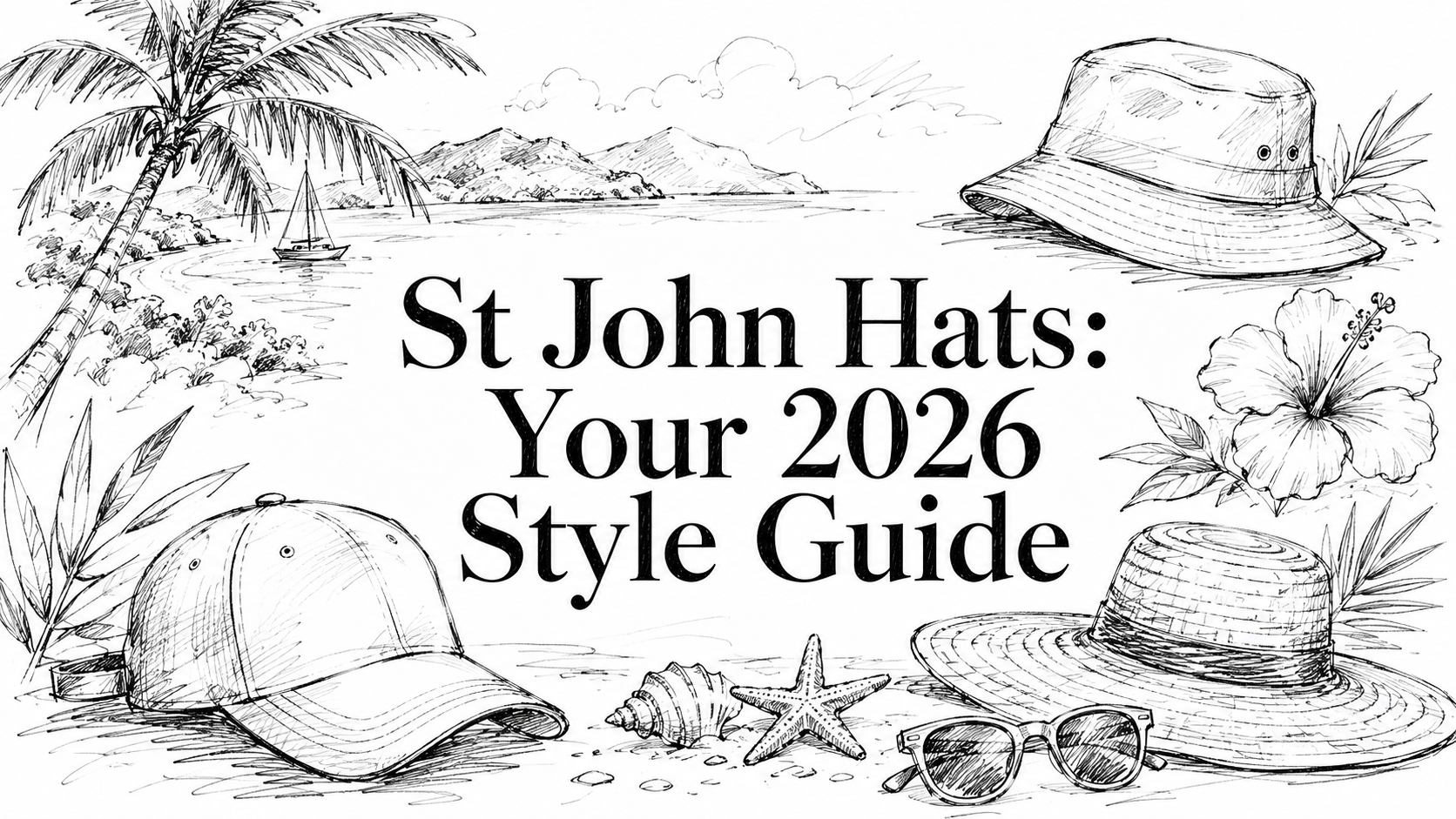 A hand-drawn illustration featuring various hats, tropical elements like palm trees and hibiscus flowers, and beach items such as a shell and sunglasses, all surrounding the text "St John Hats: Your 2026 Style Guide.
