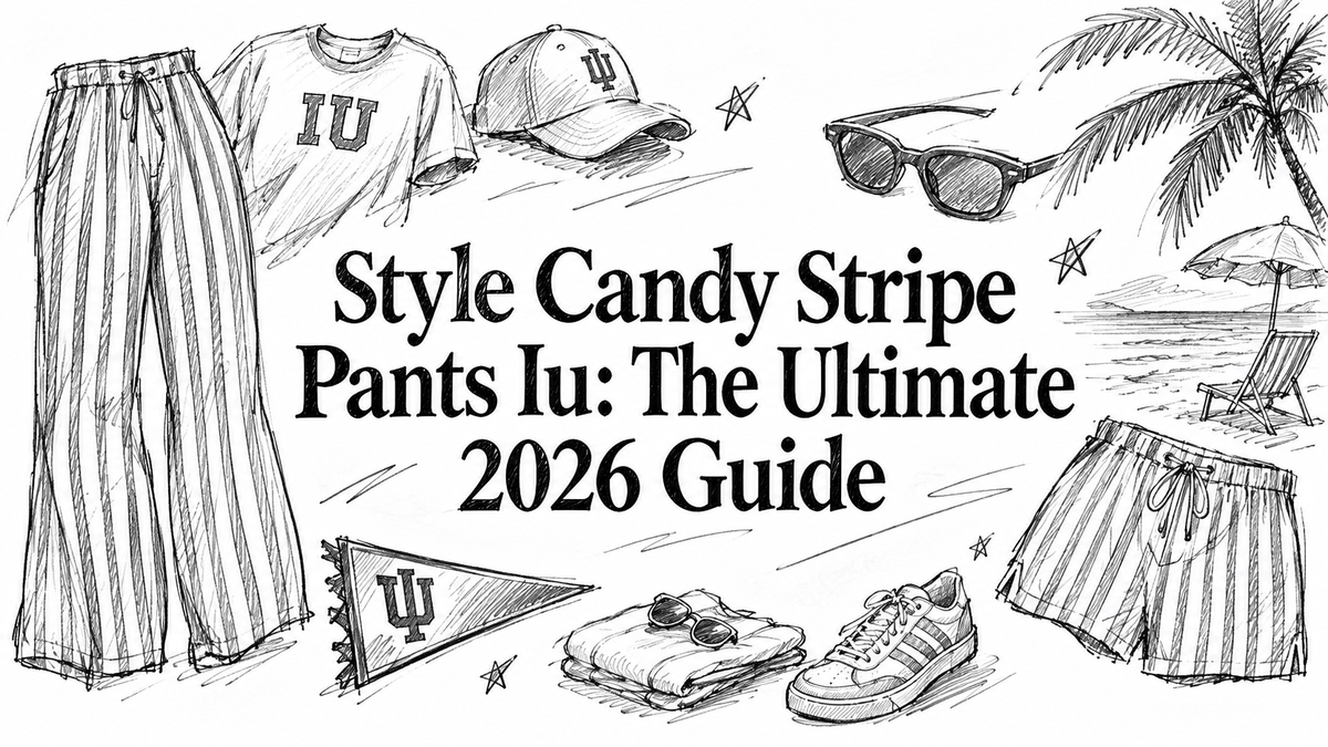 The image features a hand-drawn illustration of candy stripe pants, a cap, sunglasses, a beach umbrella, and other summer apparel, all themed around Indiana University, with the text "Style Candy Stripe Pants IU: The Ultimate 2026 Guide" prominently 