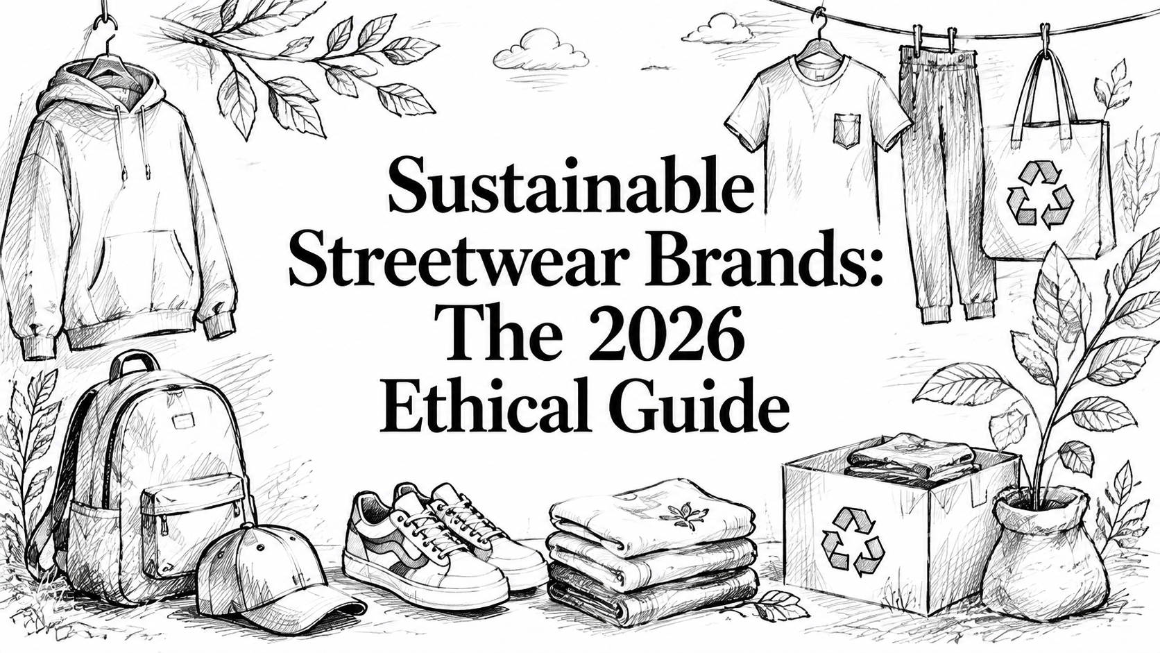 A hand-drawn illustration featuring sustainable streetwear items like hoodies, t-shirts, jeans, a backpack, sneakers, and a tote bag, surrounded by leaves and a recycling symbol, with the title "Sustainable Streetwear Brands: The 2026 Ethical Guide" 